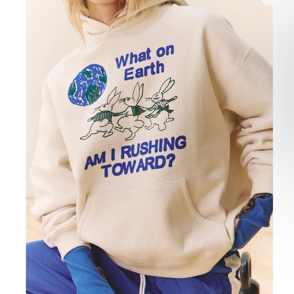 Free People Cream Hoodie with Blue Graphic